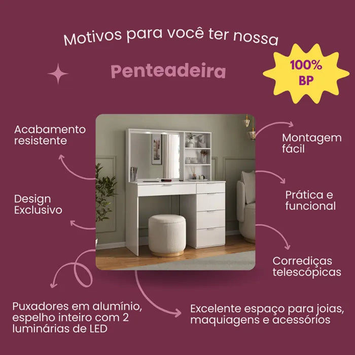 Penteadeira 5 Gavetas com Espelho e LED 8400 Branco