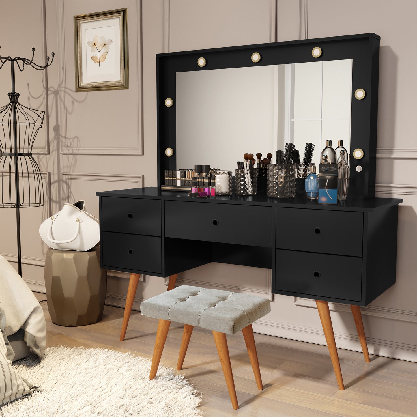 Penteadeira Com Banqueta Camarim Leds E Espelho Incluso Anaí Preto