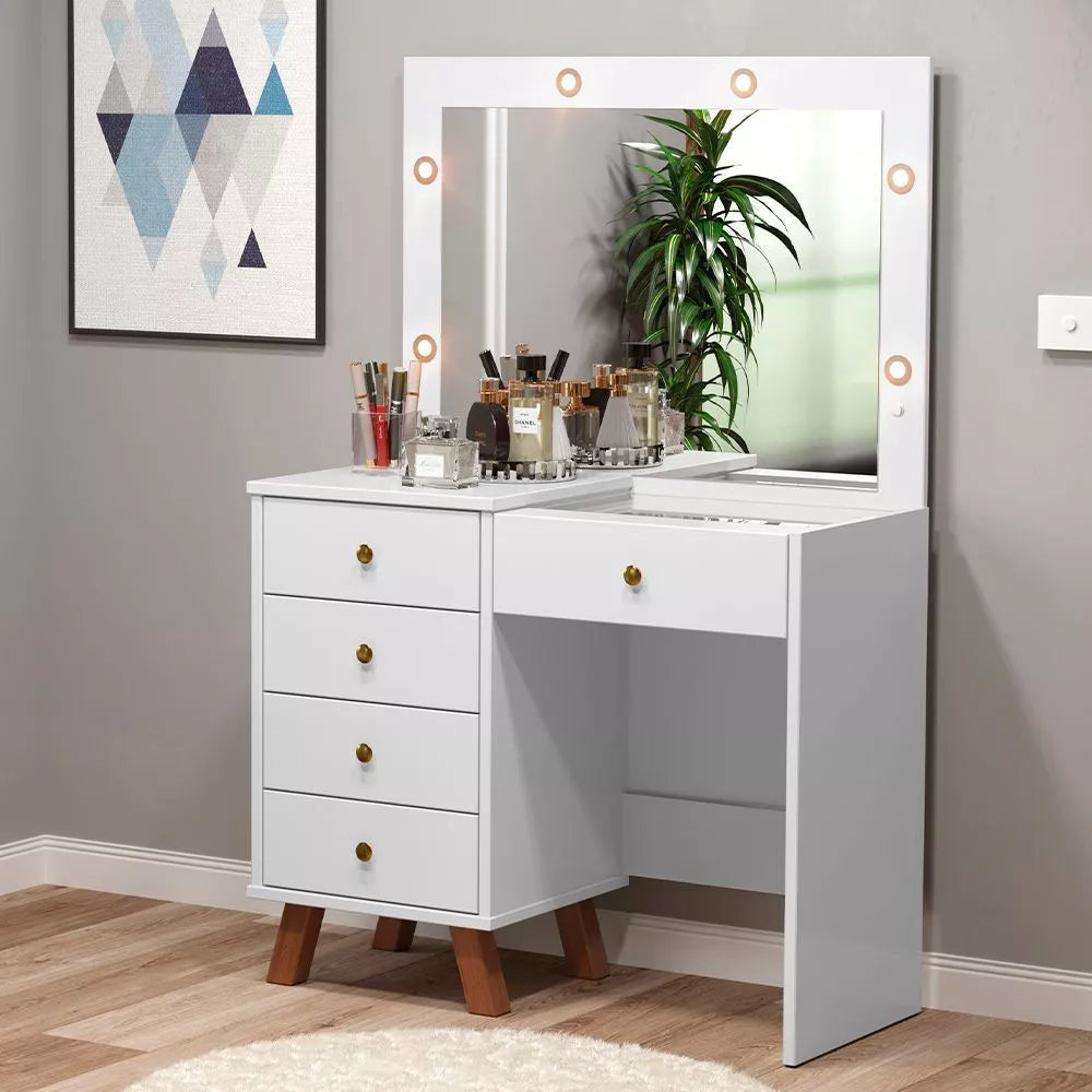 Penteadeira Com Espelho Camarim Mel com Luz de LED 5 Gavetas Mel - Branco