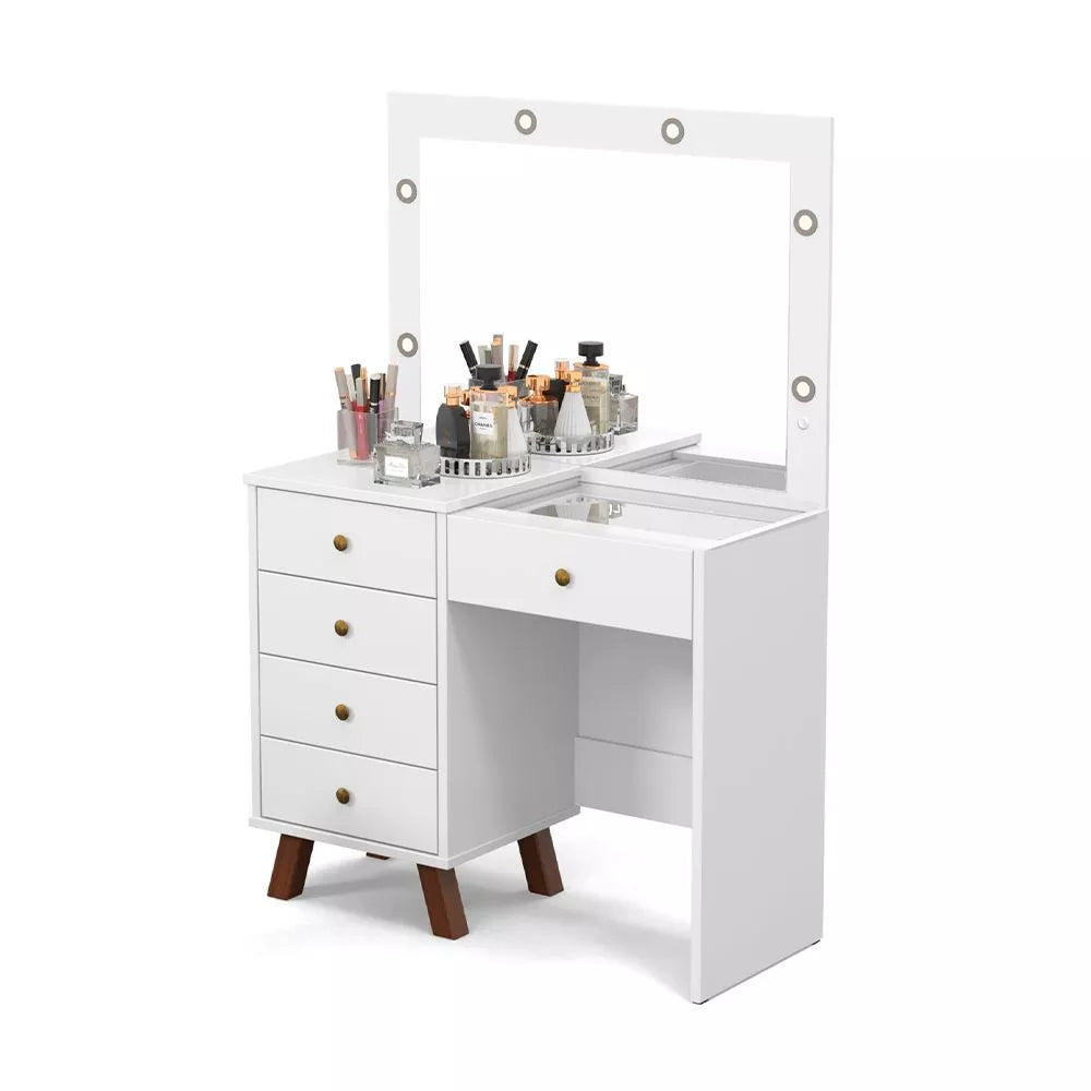 Penteadeira Com Espelho Camarim Mel com Luz de LED 5 Gavetas Mel - Branco