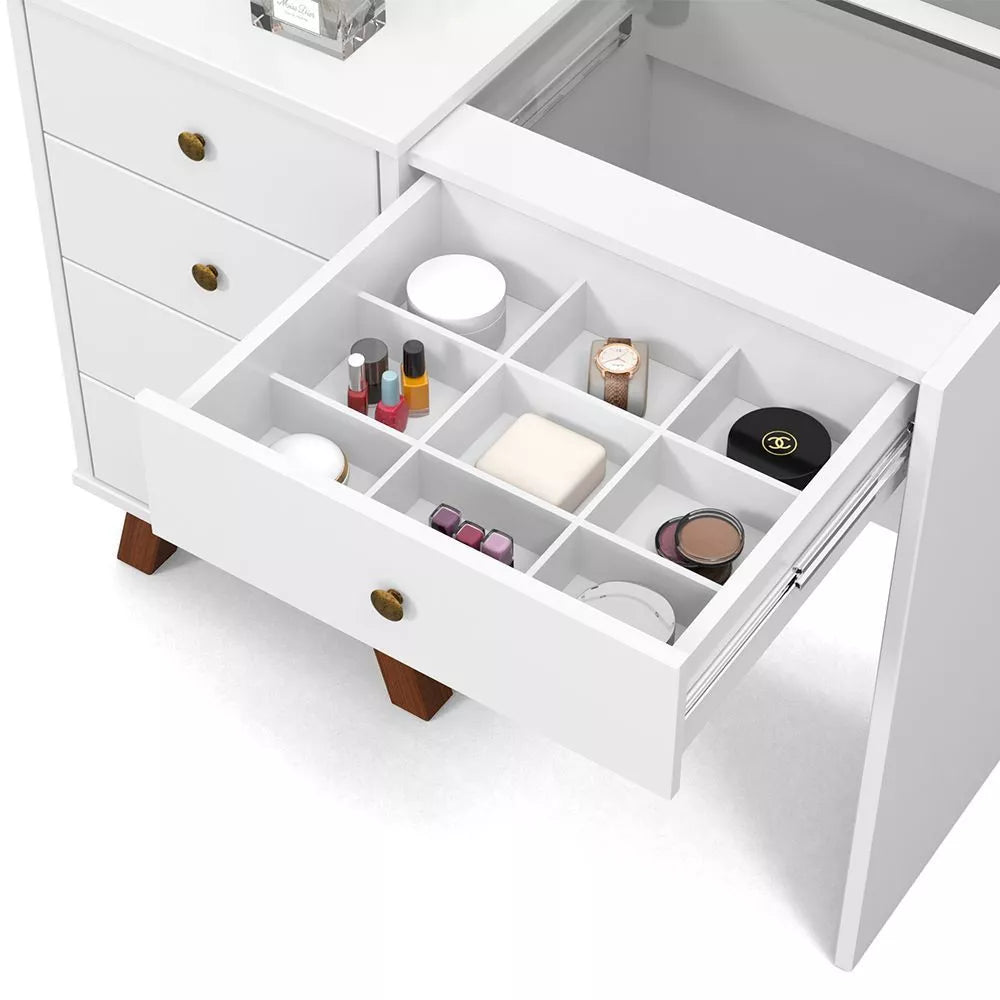 Penteadeira Com Espelho Camarim Mel com Luz de LED 5 Gavetas Mel - Branco