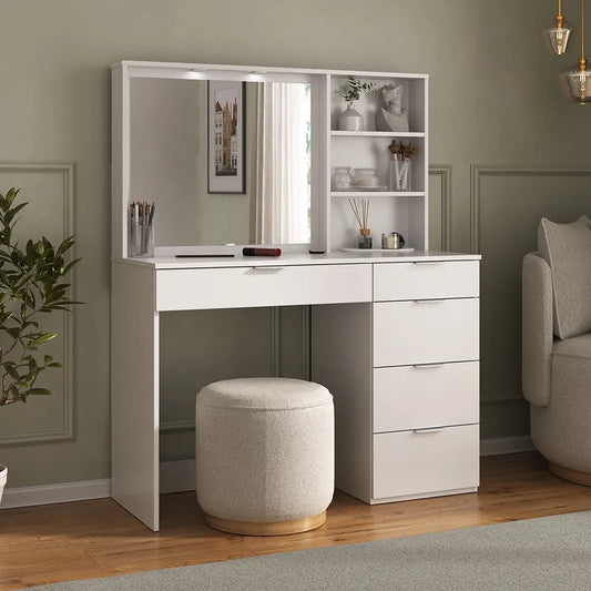 Penteadeira 5 Gavetas com Espelho e LED 8400 Branco